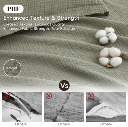 PHF 100% Cotton Muslin Duvet Cover King Size 3-Layer, 104"x90", Dusty Sage