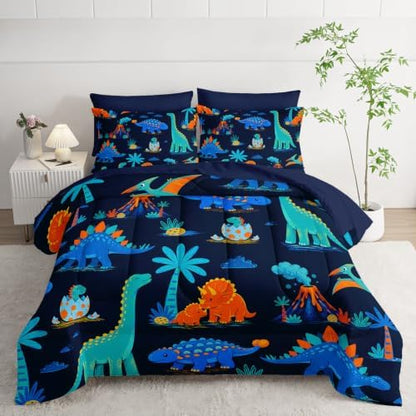 HOSIMA Cute Dinosaur 7 Pieces King Bedding Set for Kids Boys Room Decor.