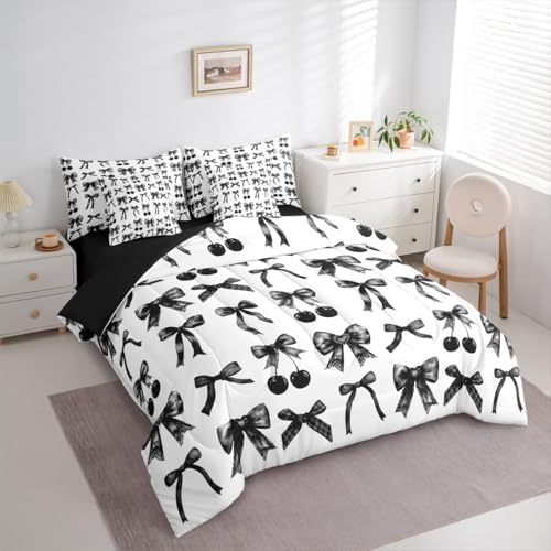 Cherry Bow King Size Comforter Set with Sheets, Black and White Bow Tie 7-Piece Bedding Set Silk Ribbon Bowknot Bed in a Bag, Dreamy Princess Room Decor,Girly Cute Room Decor Aesthetic Kawaii