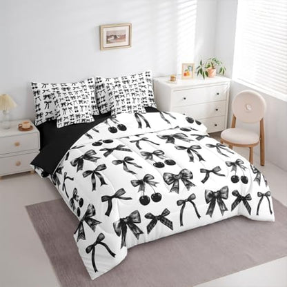 Cherry Bow King Size Comforter Set with Sheets, Black and White Bow Tie 7-Piece Bedding Set Silk Ribbon Bowknot Bed in a Bag, Dreamy Princess Room Decor,Girly Cute Room Decor Aesthetic Kawaii