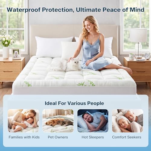 Waterproof Cal King Size Mattress Topper Viscose Derived from Bamboo, Extra Thick Mattress Pad for Back Pain, Cooling Mattress Topper with Deep Pocket 8"-21", Green,Cal King