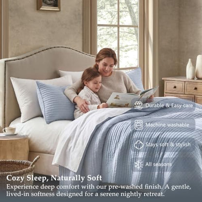 WDCOZY 100% Cotton Twin Size Quilt Set, Channel Pick Stitch, Light Blue