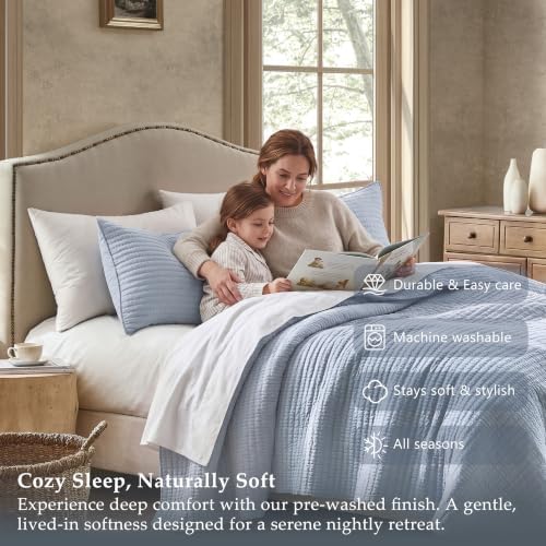 WDCOZY 100% Cotton King Size Quilt Set, Channel Pick Stitch, Light Blue