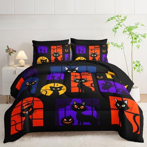 7Pcs Black Cat Comforter Set Cute Animal Printed Bedding Set with 1 Comforter, 1 Flat Sheet, 1 Fitted Sheet and 4 Pillowcases for Boys and Girls Bedroom All Season(Cat King