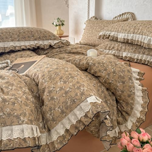 VM VOUGEMARKET Floral Duvet Cover Set Twin for Teen Girls,Shabby Chic Muted Flower Duvet Cover with 2 Pillow Shams,Double-Layer Gauze Cotton Bedding Set,Comfy,Breathable-Tan 68"x86"