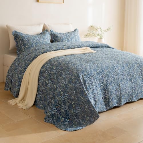 Lady Ann 100% Cotton King Quilt, Navy Blue Floral Botanical Pattern Printed King Bedding Set, 3 Pcs Vintage Lightweight Quilted Coverlet Ultra Soft Bedspread Set for All Season