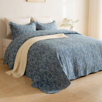 Lady Ann 100% Cotton Queen Quilt, Navy Blue Floral Botanical Pattern Printed Queen Bedding Sets, 3 Pcs Vintage Lightweight Quilted Coverlet Ultra Soft Bedspread Set for All Season
