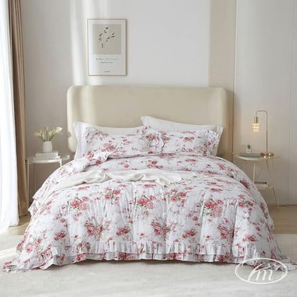 VM VOUGEMARKET Rose Flower Duvet Cover Set Queen Romantic Girls Ruffle Bedding Set Soft Microfiber Botanical Duvet Cover with 2 Pillow Shams