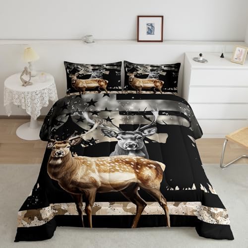 Feelyou Snowy Forest Deer Comforter Set with 2 Pillowcases,Camo American Flag Full Bed in a Bag Rustic Hunting Wild Animal Bedding Set for Teen Mens Bedroom Decor,Elk Comforter Boys Room Decor