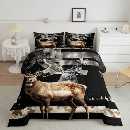 Feelyou Snowy Forest Deer Comforter Set with 2 Pillowcases,Camo American Flag Full Bed in a Bag Rustic Hunting Wild Animal Bedding Set for Teen Mens Bedroom Decor,Elk Comforter Boys Room Decor