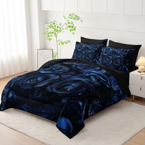 7pcs Blue Floral Comforter Set Valentine's Day 3D Rose Printed Bedding Set with 1 Comforter, 1 Flat Sheet, 1 Fitted Sheet and 4 Pillowcases for Boys and Girls Bedroom (Rose Full