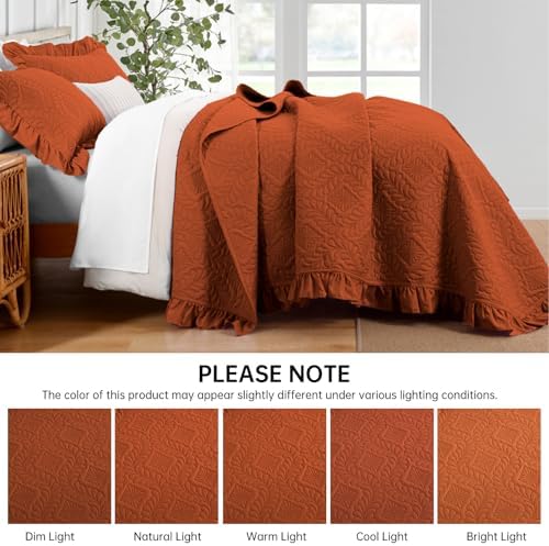 DJY Queen Quilt Set 3 Pieces, Lightweight Ruffled Bedspread, Burnt Orange