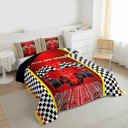 Race Car Comforter Sets for Boys Girls Black and White Checkered Bedding Red Racing Car Bedding Comforter Sets for Teens Adult Extreme Sport Theme Duvet Insert Speed Sports Car Bedroom Decor Twin