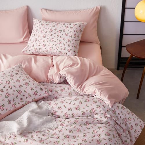 Wake In Cloud - Floral Comforter Set with Sheets, Coquette Cottagecore Aesthetic Flower Shabby Chic Pattern for Women Teen Girls, 7 Pieces Bed in a Bag, Pink, Queen Size