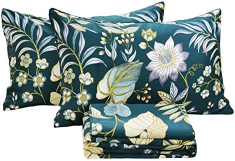 FADFAY Sheets Set King Teal Elegant Floral Bedding Tropical Plam Leave Sunflower Bedding 800 Thread Count Luxury Summer Sheets 100% Egyptian Cotton Deep Pocket Bed Sheets Set, 4 Pieces-King Size