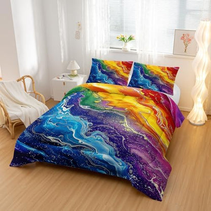 Nttopship Colorful Watercolor Comforter Tie Dye Bedding Set with 2 Pillowcase King Size Marbling Comforter Set for Kids Boys Girls Bedroom Decor