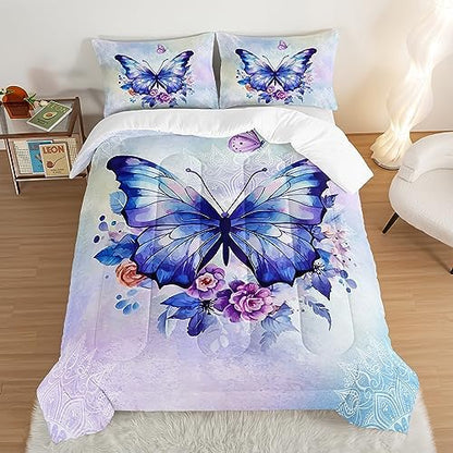 HOSIMA Floral Purple Butterfly Comforter-Soft Microfiber,Fantasy Butterfly Aesthetics Twin Bed in a Bag for Kids Girls Teens Women,Mandala Preppy Bedding 3Piece with 2 Pillow Shams.
