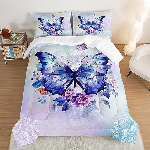 HOSIMA Floral Purple Butterfly Comforter-Soft Microfiber,Fantasy Butterfly Aesthetics King Size Bed in a Bag for Kids Girls Teens Women,Mandala Preppy Bedding 3Piece with 2 Pillow Shams.
