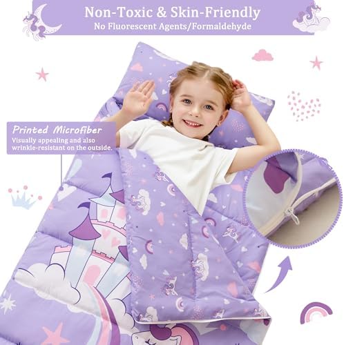 Toddler Nap Mat for Preschool 50''x30'' Sleeping Mat with Removable Pillow and Minky Blanket for Kids Ages 3-7 Roll Up Soft Sleeping Bag for Boys Girls Kindergarten Daycare Sleepover