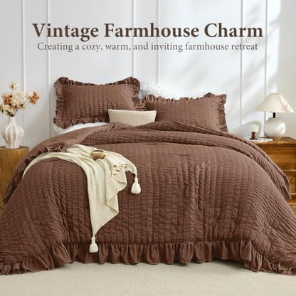 JOLLYVOGUE Dark Brown Full Comforter Set,3pcs Seersucker Comforters Full