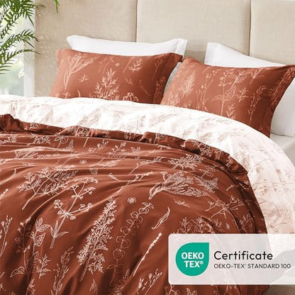 Love's cabin Terracotta Comforter Set King - King Size Comforter Set, 3 Pieces Cute Floral Bedding Sets for All Seasons,1 Soft Reversible Botanical Flowers Comforter and 2 Pillow Shams