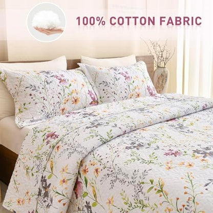 Lady Ann 100% Cotton Quilt Sets Queen, Yellow Flower Botanical Pattern Printed Quilted 102x118 Bedspread Set,Vintage Coverlet Ultra Soft Bedspread Set with Pillow Shams All Season,3 PCS
