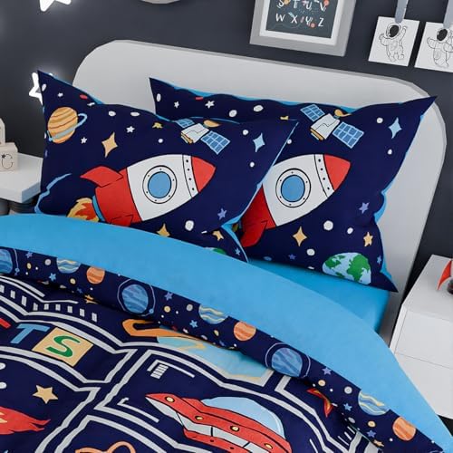 SANDJEST Space Bedding Twin for Boys, Ultra Soft Microfiber Comforter Bed Set with 3-Pieces, Rocket Comforters Sets for Kids Children Teen Tween Bedroom Decor
