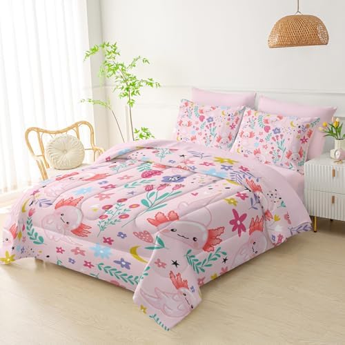 QOOMO Axolotl 7 Pieces Comforter Set Full Size,Pink Axolotl Bedding Set