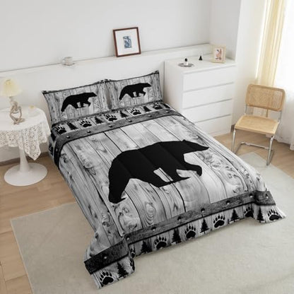 Bear Comforter Set King Size,Rustic Farmhouse Wood Cabin Bedding Set,Wildlife Hunting Quilt Set for Kids Boys Girls Teens Room Decor,Grey Black Pine Trees Pattern Duvet Insert,2 Pillowcases