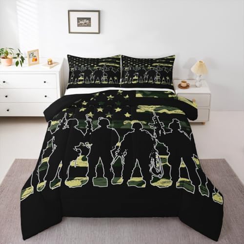 American Flag Comforter Set Queen for Boy Teen ArmyGreen Camouflage Down Comforter Adult Men Soldier Silhouettes Quilted Duvet Military Style Camo Bedding Comforters, 1 Comforter Set + 2 Pillowcases