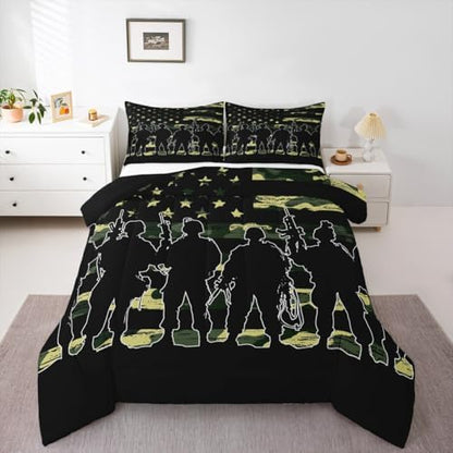 American Flag Comforter Set Queen for Boy Teen ArmyGreen Camouflage Down Comforter Adult Men Soldier Silhouettes Quilted Duvet Military Style Camo Bedding Comforters, 1 Comforter Set + 2 Pillowcases