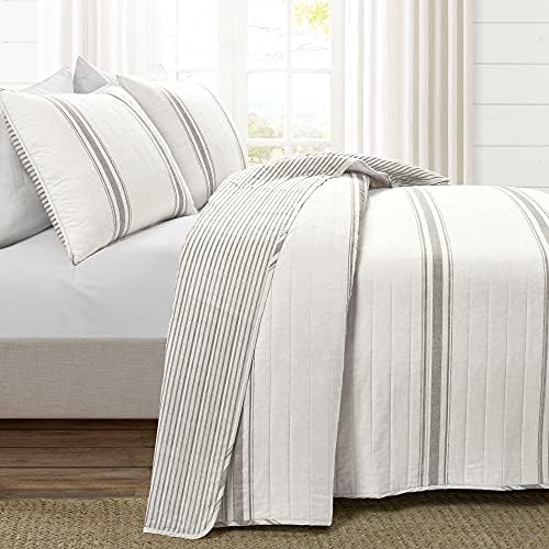 Lush Decor Farmhouse Stripe Reversible Cotton Quilt King Size 3 Piece Set Gray - Farmhouse Bedding Set King Quilt - Striped Bedding