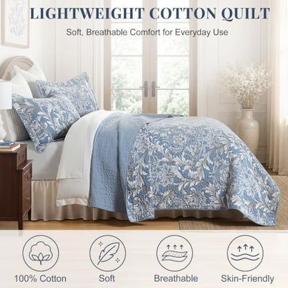 King Size Quilt Set - Dusty Blue and Gray Quilt Set King, 100% Cotton Floral Bedspread Set 3 Piece, Classic Damask Bedspread, Reversible Lightweight Quilt Bedding Set
