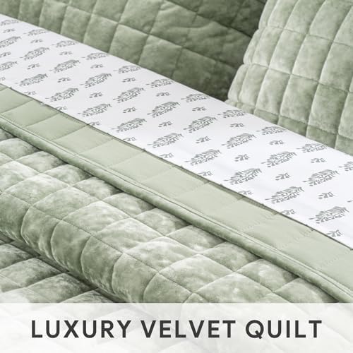 RECYCO Channel Box Stitch Velvet Quilt Set, Twin/Twin XL Size, Sage Green