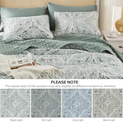 Comfort Spaces Boho Quilt Set Queen Reversible Vermicelli Quilting Queen Size Bed, All Season, Lightweight, Coverlet Winter Layer Bedding, Shams, Gloria, Full/Queen Green 3 Piece