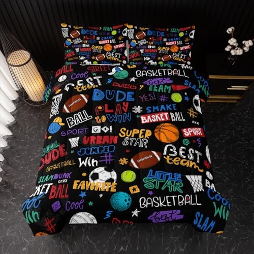 Nttopship Sports Ball Queen Comforter Set,Football Rugby Basketball Bedding Set for Kids Boys Girls Youth Ball Sports Themed Bedroom Decor Bedding Set 3 Pcs Bed in A Bag (1 Comforter, 2 Pillow Case)