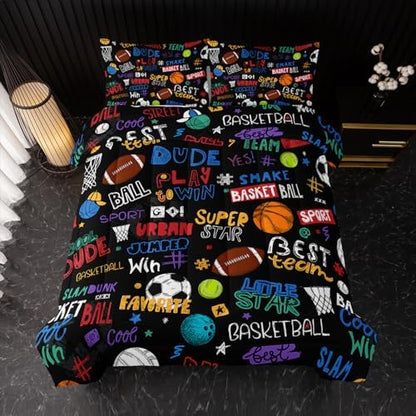 Nttopship Sports Ball Full Comforter Set,Football Rugby Basketball Bedding Set for Kids Boys Girls Youth Ball Sports Themed Bedroom Decor Bedding Set 3 Pcs Bed in A Bag (1 Comforter, 2 Pillow Case)
