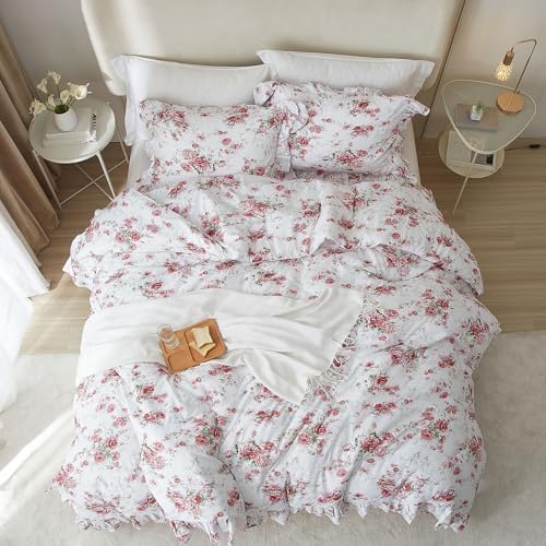VM VOUGEMARKET Ruffle Full Duvet Covet with Pink Red Flower Prints Romantic Princess Style Lace Bedding Set Vintage Floral Duvet Cover Set with Zipper for Teen Girls