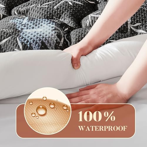 PRIMESOFT Twin Size Mattress Topper, Thick Pillow Top Mattress Pad，Up to 21 Inch Deep Pocket, Soft Breathable Mattress Pad for Back Pain, Waterproof Protector Cover(Black)