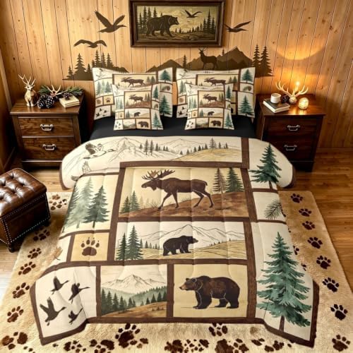 Erosebridal Rustic Bear Bedding Set Twin Duck Hunting 7 Pieces Comforter Set Farmhouse Deer Bed in a Bag with Sheets Elk Moose Forest Animal Bed Sets Brown Green Hunter Kids Adult Bedroom Decor