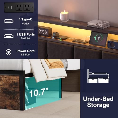 Full Bed Frame with Storage Drawers, Upholstered Headboard with LED Lights and Charging Station, Metal Platform Bed with 2-Tier Storage Shelves, Noise Free, No Box Spring Needed
