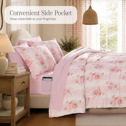 BLOOMHAVEN Twin XL Comforter Set -5 Pieces Floral Maisie Pink Bedding Set for All Seasons, Bed in a Bag with Rose Flowers Comforter, Sheets, Pillowcase & Sham