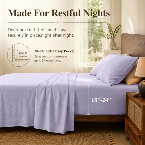 MEISHANG 100% French Linen Sheets California King,4 Pcs,18-24" Deep Pocket