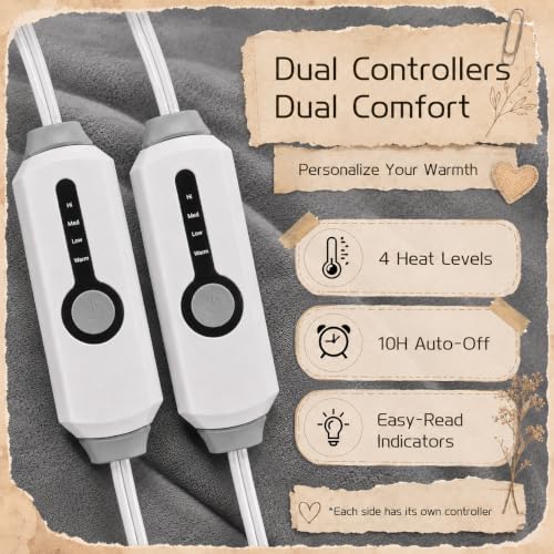 Electric Heated Blanket Queen Size 84"x90", Dual Controllers, Light Gray