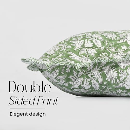 CPC Block Print Olive Green Ruffle Cotton Lumbar Pillow Cover 14x36 inch