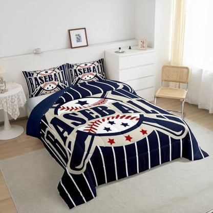 Castle Fairy Baseball Comforter Set Queen Size Kids Bedding 3Pcs for Boys Girls Men Adult Bedroom Decor Blue Black White Stripes Quilt Modern Fashion Duvet Insert,2 Pillowcases (ZZRS3575ZMD-BZ_USq)