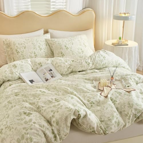 Vintage Boho Floral Duvet Cover King White Green Floral Print Bedding Set Cotton Botanical Floral Comforter Cover Garden Flowers Aesthetic Bedding Cover Boho Style King Duvet Cover with Zipper Closure