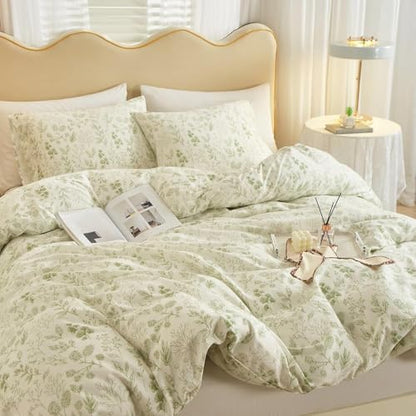 Vintage Boho Floral Duvet Cover King White Green Floral Print Bedding Set Cotton Botanical Floral Comforter Cover Garden Flowers Aesthetic Bedding Cover Boho Style King Duvet Cover with Zipper Closure