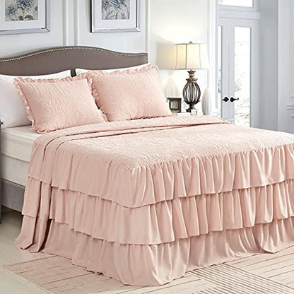 CHIXIN Ruffle Skirt Bedspread King Size - 30" Long Drop, Shabby Chic Style, Lightweight Bedding Cover, 3 Piece Set, Chic Layers, Pink