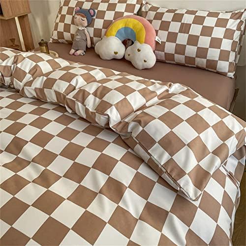 Wellboo Light Brown Plaid Comforter Sets Full Women Men Cream Coffee and White Checkerboard Grid Bedding Comforters Cotton Boys Girls Modern Light Taupe Checkered Geometric Quilts Luxury Abstract Bed